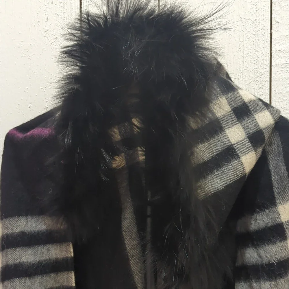 Charm Furs New York Women's Plaid Knit Scarf Genuine Fur Trim Black Beige Gray